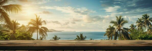 AI generated A Wooden Platform overlooking Beautiful Beach and Sea Scenery, Serene view, mockup with copy space photo