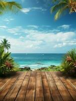 AI generated A Wooden Platform overlooking Beautiful Beach and Sea Scenery, Serene view, mockup with copy space photo