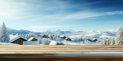 ai generado un de madera plataforma con vista a hermosa rural nieve pueblo escenario, sereno vista, Bosquejo con Copiar espacio, campo paisaje foto