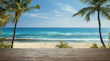 AI generated A Wooden Platform overlooking Beautiful Beach and Sea Scenery, Serene view, mockup with copy space photo