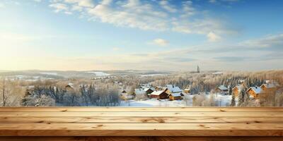 ai generado un de madera plataforma con vista a hermosa rural nieve pueblo escenario, sereno vista, Bosquejo con Copiar espacio, campo paisaje foto