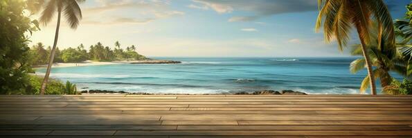 ai generado un de madera plataforma con vista a hermosa playa y mar escenario, sereno vista, Bosquejo con Copiar espacio foto