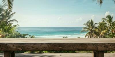 AI generated A Wooden Platform overlooking Beautiful Beach and Sea Scenery, Serene view, mockup with copy space photo