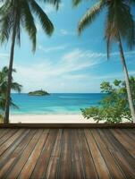 AI generated A Wooden Platform overlooking Beautiful Beach and Sea Scenery, Serene view, mockup with copy space photo