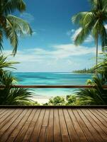 AI generated A Wooden Platform overlooking Beautiful Beach and Sea Scenery, Serene view, mockup with copy space photo