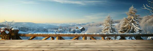 ai generado un de madera plataforma con vista a hermosa rural nieve pueblo escenario, sereno vista, Bosquejo con Copiar espacio, campo paisaje foto