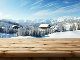 AI generated A Wooden Platform overlooking Beautiful rural snow village Scenery, Serene view, mockup with copy space, Countryside Landscape photo