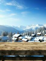 ai generado un de madera plataforma con vista a hermosa rural nieve pueblo escenario, sereno vista, Bosquejo con Copiar espacio, campo paisaje foto