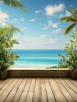 AI generated A Wooden Platform overlooking Beautiful Beach and Sea Scenery, Serene view, mockup with copy space photo