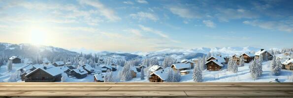 ai generado un de madera plataforma con vista a hermosa rural nieve pueblo escenario, sereno vista, Bosquejo con Copiar espacio, campo paisaje foto