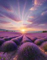 AI generated Golden Sunset Over Violet Lavender Field photo