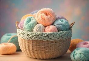 AI generated Pastel Woolen Knitting Yarns in Baskets photo