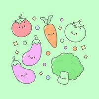 Vector Vegetable Tomato Eggplant Carrot Brocoli with cute facial expressions and pastel colour