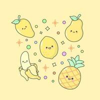 Vector Fruit Lemon Pear Mango Pineapple Banana with cute facial expressions and pastel colour