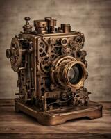 AI generated Steampunk Mechanical Camera on Wooden Table photo