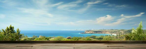 AI generated A Wooden Platform overlooking Beautiful Beach and Sea Scenery, Serene view, mockup with copy space photo