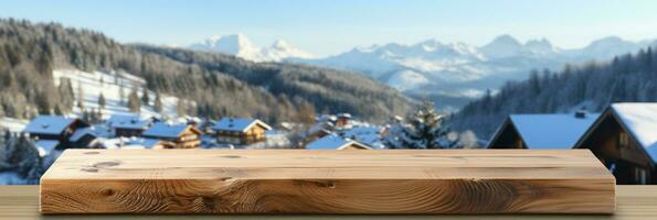 ai generado un de madera plataforma con vista a hermosa rural nieve pueblo escenario, sereno vista, Bosquejo con Copiar espacio, campo paisaje foto