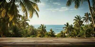 AI generated A Wooden Platform overlooking Beautiful Beach and Sea Scenery, Serene view, mockup with copy space photo