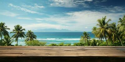 AI generated A Wooden Platform overlooking Beautiful Beach and Sea Scenery, Serene view, mockup with copy space photo