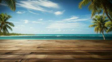 ai generado un de madera plataforma con vista a hermosa playa y mar escenario, sereno vista, Bosquejo con Copiar espacio foto