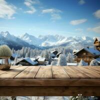 AI generated A Wooden Platform overlooking Beautiful rural snow village Scenery, Serene view, mockup with copy space, Countryside Landscape photo