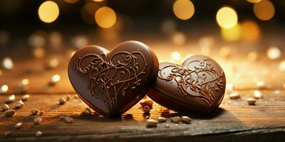 AI generated Two Heart Shape Chocolate, Symbol of Love, Festive Element, Happy Valentine's day, advertising material photo