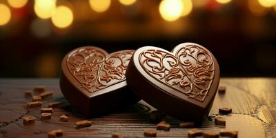 AI generated Two Heart Shape Chocolate, Symbol of Love, Festive Element, Happy Valentine's day, advertising material photo