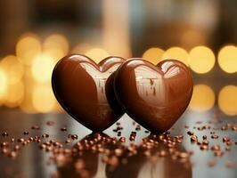 AI generated Two Heart Shape Chocolate, Symbol of Love, Festive Element, Happy Valentine's day, advertising material photo