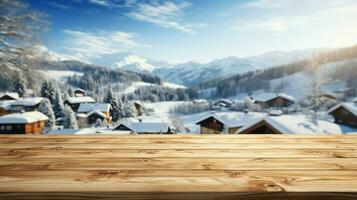 ai generado un de madera plataforma con vista a hermosa rural nieve pueblo escenario, sereno vista, Bosquejo con Copiar espacio, campo paisaje foto