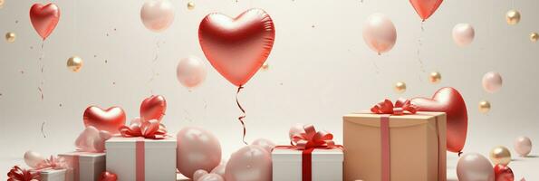 AI generated Gift box and balloon background, Symbol of Love, Festive Element, Happy Valentine's day, advertising material, Copy space photo