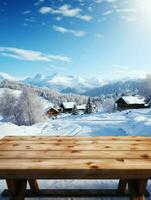 AI generated A Wooden Platform overlooking Beautiful rural snow village Scenery, Serene view, mockup with copy space, Countryside Landscape photo