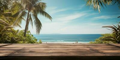 AI generated A Wooden Platform overlooking Beautiful Beach and Sea Scenery, Serene view, mockup with copy space photo