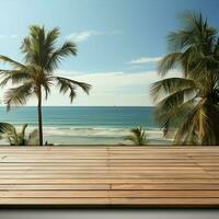 AI generated A Wooden Platform overlooking Beautiful Beach and Sea Scenery, Serene view, mockup with copy space photo
