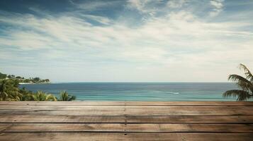 ai generado un de madera plataforma con vista a hermosa playa y mar escenario, sereno vista, Bosquejo con Copiar espacio foto