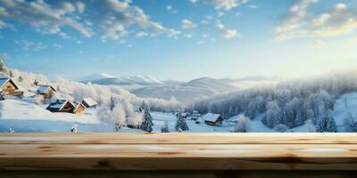 AI generated A Wooden Platform overlooking Beautiful rural snow village Scenery, Serene view, mockup with copy space, Countryside Landscape photo