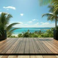 AI generated A Wooden Platform overlooking Beautiful Beach and Sea Scenery, Serene view, mockup with copy space photo