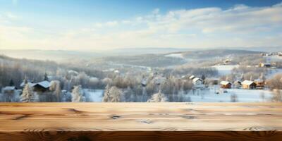 ai generado un de madera plataforma con vista a hermosa rural nieve pueblo escenario, sereno vista, Bosquejo con Copiar espacio, campo paisaje foto