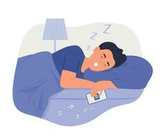 Man Sleeping in Bed with Smartphone in Hand vector