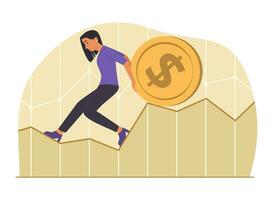 mujer de negocios empujar un grande moneda de dólar moneda en grafico gráfico para financiero concepto ilustración vector