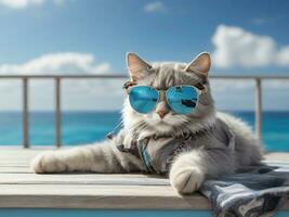 ai generado linda gato en Gafas de sol acostado en el arena en el playa generativo ai foto