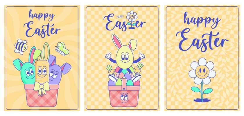 Happy Easter, spring holiday. Retro groovy cartoon characters and elements. Vintage funky mascot poster psychedelic smile and emotion. Comic trendy set cards. Vector illustration 60s 70s 90s style