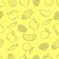 sin costura modelo de tropical Fruta Delgado línea tal uva, sandía, manzana, naranja, banana, mango y piña. Perfecto para textil diseño, envase, etc. vector