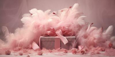 AI generated Pink gift box surrounded by feathers on a pink background. Valentines Day celebration. Generated by artificial intelligence. photo