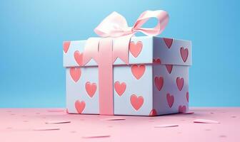 AI generated A blue gift box with pink hearts on a blue background. Valentines Day celebration. Generated by artificial intelligence. photo