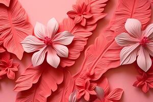 AI generated A set of cut paper flower leaves on a bright pink background. Generated by artificial intelligence. photo