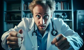 AI generated Professional doctor man in a medical coat with a stethoscope. Posing on the dark background, the middle-aged physician looking at the camera. photo