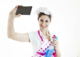 pretty housewife take selfie in a break photo