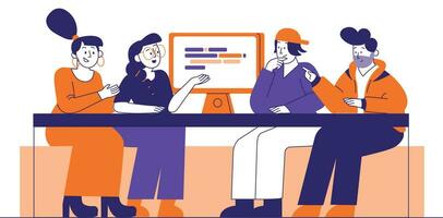 People working at computer. Teamwork, brainstorming concept. Vector illustration in flat style