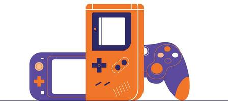 Game machine, joystick, videogame console, playing controller, gamepad set. Gamers digital gadgets, joypads, toy gun in modern and retro styles. Flat vector illustrations isolated on white background.