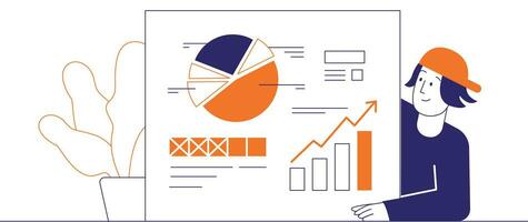 datos Ciencias concepto con personas escena en plano diseño para web. mujer trabajando con gráficos, buscando Estadísticas para presentación informe. vector ilustración para social medios de comunicación bandera, márketing material.